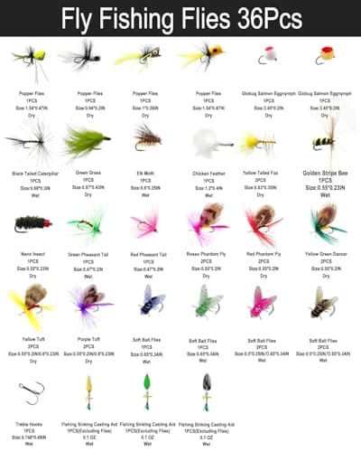 Hand Tied Fly Fishing Flies Assortment Kits, 36PCS Flies & Floating, Submersible Throwing Aid. Dry, Wet, Popper, Streamers, Wooly Buggers, Terrestrials | Trout, Bass Lure Set - Thumbnail 2