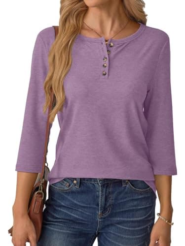 GKBK 3/4 Sleeve Womens Tops Fall Clothes Henley Casual Spring Summer Lightweight Basic Tunic Shirts Purple - Thumbnail 2