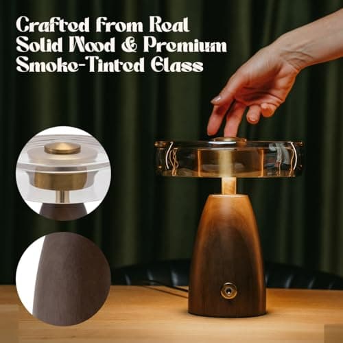 SEHNLICH Aesthetic Table Lamp for Living Room, Bedroom, Bedside, Nightstand Lamp with Wood Base, Stained Glass Shade, 3 Color Temperature, Vintage Retro Mushroom Mid Century Modern Lamp, Desk Decor - Thumbnail 4