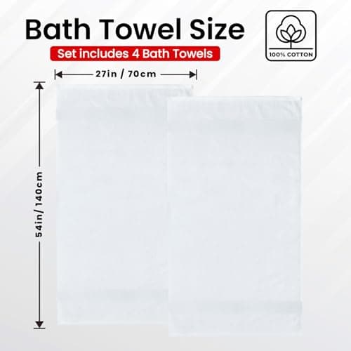 Infinitee Xclusives Luxury 100% Ring-Spun Cotton White Bath Towels Set of 4 (27x54 inches) – Soft, Absorbent & Quick-Drying Towels for Bathroom, Gym, Spa & Hotel Use (Brilliant White, Bath Towels) - Thumbnail 3
