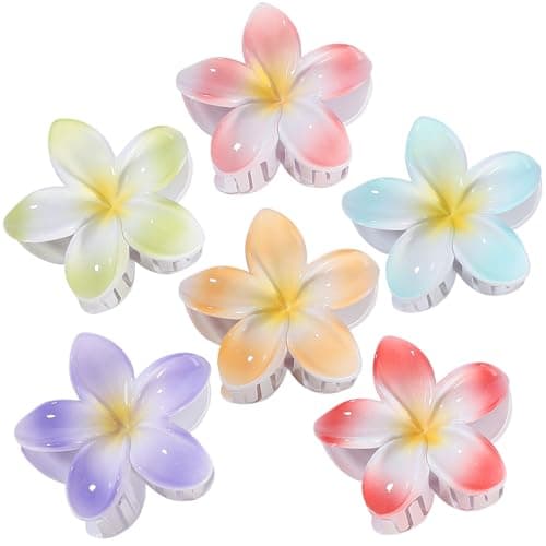 CHANDAT Flower Hair Clips 6 PCS Hawaiian Claw Clips for Vacation Hibiscus Hair Claw Clips Cute Large Hair Clips for Thick and Thin Hair Plumeria Hair Accessories for Women Girls -Light Petal - Image 1