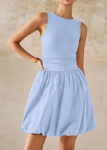 KIRUNDO Summer Bubble Dress for Women 2026 Casual Mini Spring Bodycon Cocktail Dresses Sleeveless Drop Waist Sundress Beach(Light Blue, Small) - Thumbnail 3