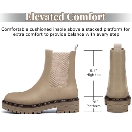 Athlefit Chelsea Boots Women Platform Ankle Boots for Women Lug Sole Round Toe Fashion Low Heel Short Booties Khaki Size 8.5 - Thumbnail 2