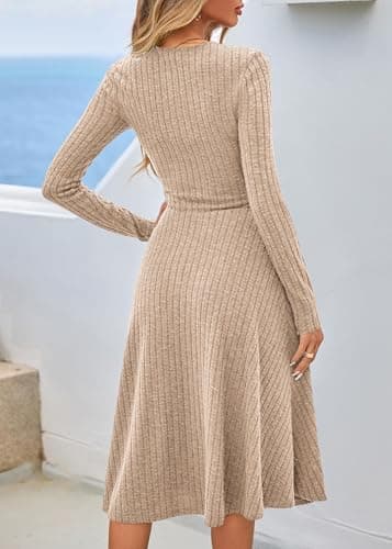 Lazysmile Long Sleeve Fall Winter Dresses for Women V Neck Button Down A Line Swing Casual Knit Sweater Dress Khaki - Thumbnail 2