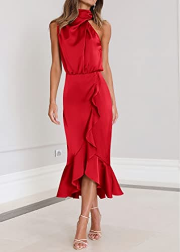 KIRUNDO Women 2026 Spring Summer Satin Mock Neck Wedding Guest Party Cocktail Midi Dress Sleeveless Wrap Ruffle Formal Dress(Red, X-Large) - Thumbnail 3