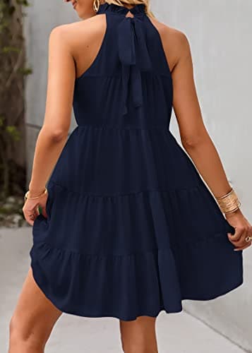 KIRUNDO Summer Sundresses for Women Spring Halter Flowy Babydoll Tiered Pleated Beach Wedding Guest Vacation Cruise Dress (Navy, Small) - Thumbnail 5