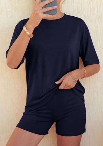 PRETTYGARDEN 2026 Women's Summer 2 Piece Sets Casual Lounge Set Short Sleeve Tops Shirts Shorts Travel Beach Vacation Outfits (Navy Blue,X-Small) - Thumbnail 2