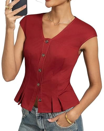 Kate Kasin Womens Button Down Crop Tops, Cap Sleeve Work Shirt, Slim Fit Cute Vest Trendy Red - Image 1