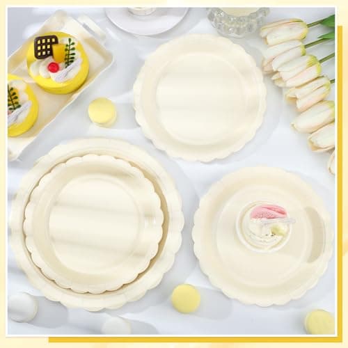 NatNarr 30 Pcs Dessert Plates Disposable, 7 Inch Ivory Paper Plates Scalloped Small Cake Appetizer Birthday Plate Cream Party Plate for Wedding, Baby Bridal Shower - Thumbnail 4
