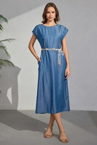 Women's Summer Denim Blue Casual Cap Sleeve Back Split Shift Elegant Office Rayon Pockets Dress with Decorative Waist Chain Ladies Straight Calf Length Work Business Vocation Holiday Dresses - Thumbnail 6