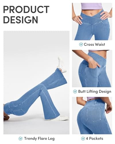IUGA Stretchy Jeans for Women Bell Bottom Jeans V Cross High Waisted Jeggings Pull On Wide Leg Sweatpant Jean Flare Leggings(Baby Blue, Small) - Thumbnail 4