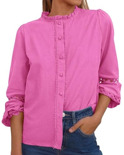 KIRUNDO Going Out Tops for Women 2026 Spring Fashion Boho Cotton Eyelet Long Sleeve Button Up Shirt Lace Dressy Casual Blouse(Hot Pink, Large) - Image 1