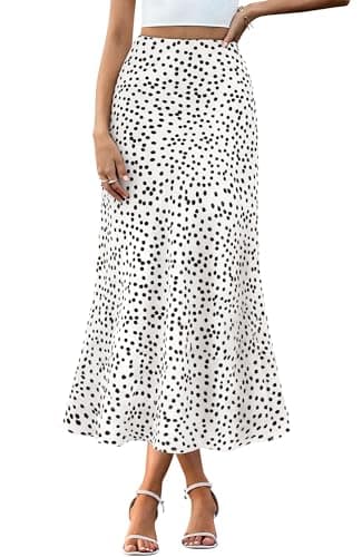 BTFBM Satin Skirts for Women 2025 Fall High Waisted A-Line Leopard Print Cocktail Wedding Long Silk Summer Midi Skirt(Polka Dot White Black, Small) - Image 1