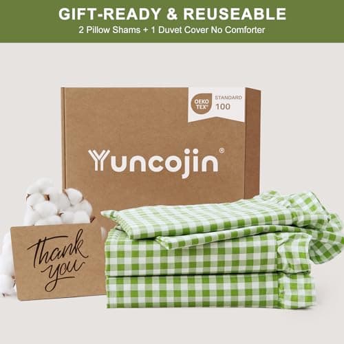 Yuncojin Ruffle Gingham Duvet Cover King Size Green/White,100% Cotton,Shabby Chic Checkered Plaid Comforter Cover Set,3-Piece Vintage Bedding,104"×90" - Thumbnail 6