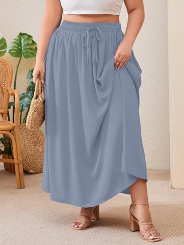 AusLook Plus Size Maxi Skirt for Women High Waisted Elastic Waist Flowy A Line Long Blue Gray 3X Skirt with Pockets Casual Summer Beach Vacation - Thumbnail 2