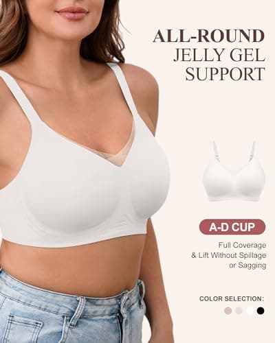 ZEBELL M-5XL Wireless Bras for Women No Underwire, Plus Size V Lace Comfortable Bralette with Support, Full Coverage T-Shirt Bra White - Thumbnail 4