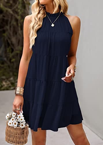 KIRUNDO Summer Sundresses for Women Spring Halter Flowy Babydoll Tiered Pleated Beach Wedding Guest Vacation Cruise Dress (Navy, Small) - Thumbnail 3