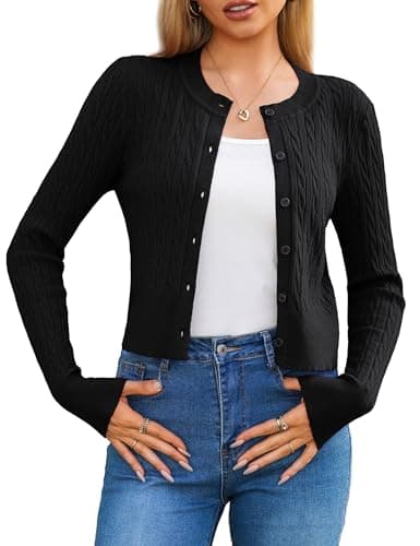 LETDIOSTO Women's Lightweight,Micro-Cable Cropped Cardigan Sweaters XS-XL Black - Image 1