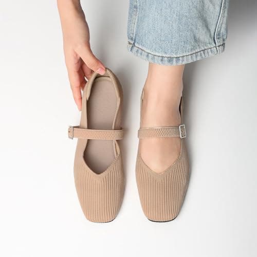 CELNEPHO Brown Mary Jane Flats for Women Square Toe Ballet Flats Shoes Comfortable Dressy Knit Flats for Women Arch Support Slip On Washable Casual Office Shoes Black Size - Thumbnail 3