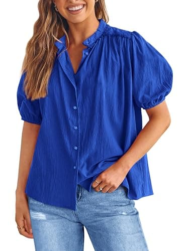 PRETTYGARDEN Women's 2026 Summer Button Down Shirts Short Lantern Sleeve V Neck Cotton Cute Tops Dressy Casual Blouses (Royal Blue,Large) - Image 1