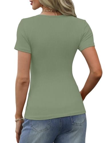 GKBK Short Sleeve Henley Shirts for Women Ribbed Scoop Neck Fitted Tight Basic Tee Shirts Casual Spring Summer Tops 2025 Trendy Outfits Dressy Sage Green S - Thumbnail 4