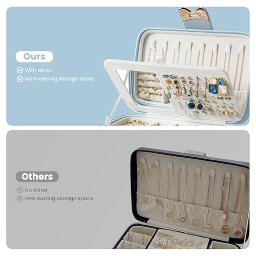 Lolalet 2 Layer Jewelry Box for Teen Girls & Young Women, Jewelry Organizer Case with Bow Clasp and Mirror for Earrings Rings Necklaces Storage, Gift Idea -Blue - Thumbnail 5