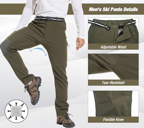 MOURCE Fleece Lined Mens Hiking Pants Zip Pockets, Winter Snow Pants Men Water Resistant, Army Green M - Thumbnail 2