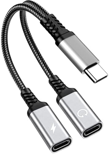 60W USB C Headphone Splitter 1 in 2 Out, Type C Audio Charging Adapter, Dual USBC Cell Jack Dongle, PD Fast Charger Wire Cord for iPhone 17 16 15 Pro Max, iPad, Samsung Galaxy S25 S24 Ultra Pixel USBC