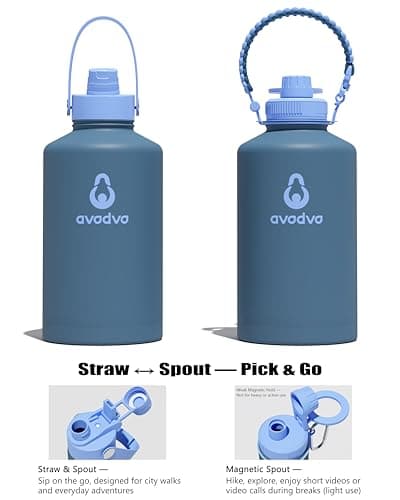 avodvo 1 Gallon Water Bottle with 2 Lids (2-in-1 Straw & Spout Lid, Magnetic Lid), Insulated Water Bottle with Strap, Stainless Steel Water Bottle for Hiking, Gym, Travel, BPA-Free, Dark Blue - Thumbnail 3