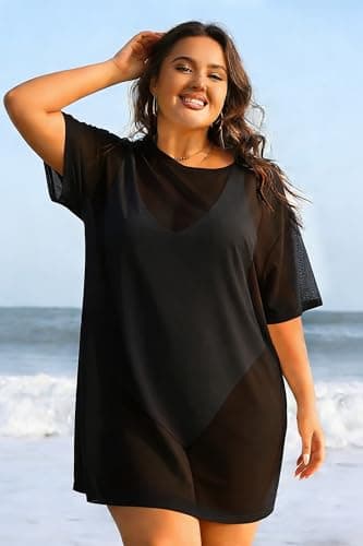 BLANCHES Plus Size Bathing Suit Cover Up for Women Sheer Mesh Split Thigh Swimsuit Bikini Cover Up Swimwear Dresses Beach Wear Vacation Outfits - Thumbnail 4