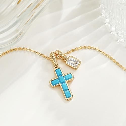 Fettero Cross Cross Necklace for Women - 14K Gold Plated Dainty Turquoise Cross Pendant Cute Simple Necklaces Non-Tarnish Faith Gold Necklace for Women Trendy Religious Jewelry Gift - Thumbnail 3