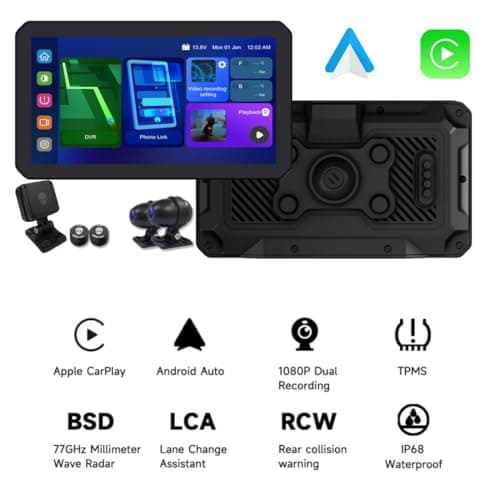 AlienRider M12S-200 Motorcycle 77G Millimeter-Wave Radar Blind Spot Warning,Dash cam Front and Rear,Wireless CarPlay/Android Auto,Wired Remote, Night Vision,TPMS,G-Sensor,1080P(Host+Tpms+ Cameras) - Thumbnail 2