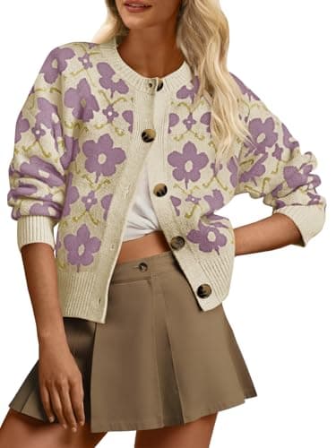 Saodimallsu Womens Flower Pattern Cardigan Lavender Sweaters Soft Long Sleeve Cardigans Vintage Button Knit Outwear 2026 - Image 1