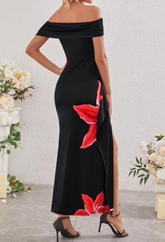 MEROKEETY Women's Floral Off Shoulder Maxi Dresses 2026 Summer High Split Cocktail Wedding Guest Dress, Black, X-Large - Thumbnail 4