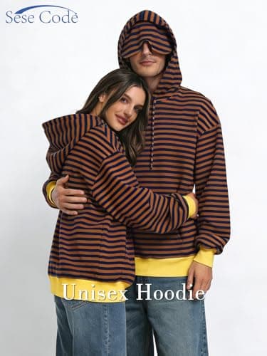 SeSe Code Hoodie With Eye Mask Striped Airplane Travel Womens Mens Oversized Sweatshirt Sleep Pullover Color Block Brown Khaki L - Thumbnail 3