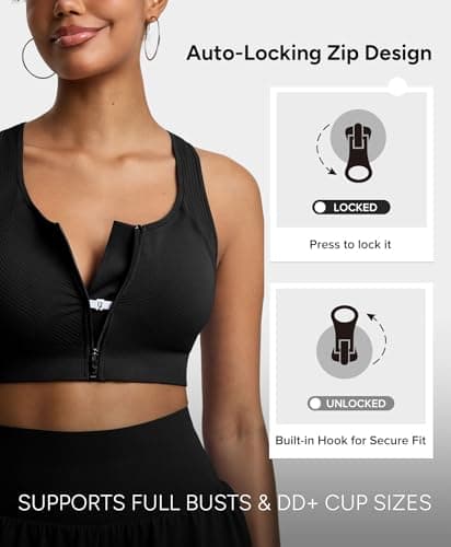 BRXL Front Zip Sprorts Bra Seamless Sewn in Pads Racerback Wide Straps Medium Impact for Running Yoga Gym Black M - Thumbnail 3
