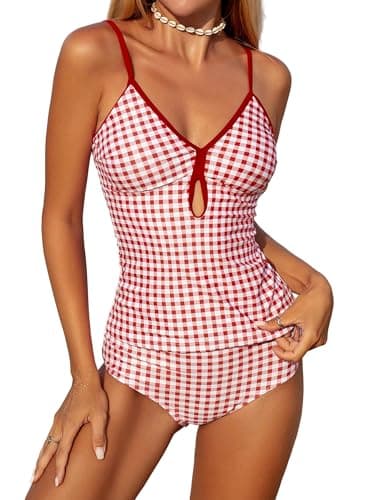 ZAFUL Two Piece Womens Tankini Swimsuits V Neck Color Blocked Plaid Tummy Control Swimsuit with Wigh Waist Briefs Swimwear Pink XL - Image 1