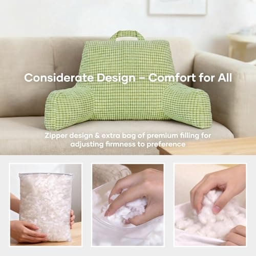 NOONTIDE Reading Pillow with Top Handle,Uniquely Designed Soft Fabric, Ergonomic Back Support for Bed,Cover Washable Sit up Pillow,Watching TV/Gaming/Relaxing(Green) - Thumbnail 3