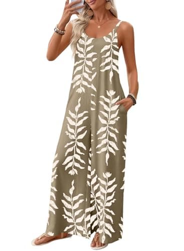 BLENCOT Women's Boho Floral Print Jumpsuit Spaghetti Straps Wide Leg Long Pants Rompers Summer Beach Overalls with Pockets Khaki M - Image 1
