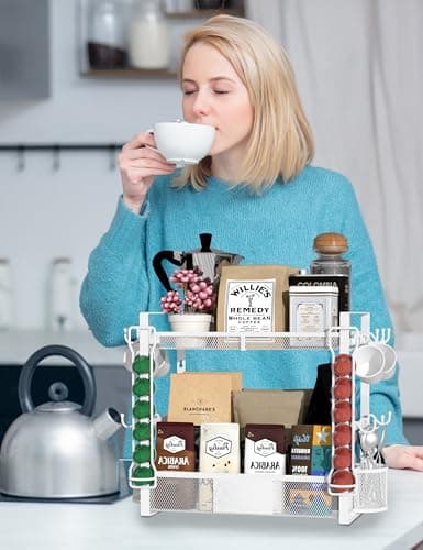 Coffee Mug Holder Bar Organizer - 2 Tier Coffee Cup Holder for Countertop, Multifunction Coffee Station Organizer with 12 Hooks, 2 Coffee Pod Holder, 2 Coffee Spoon Holder, for Kitchen, Office - Thumbnail 6
