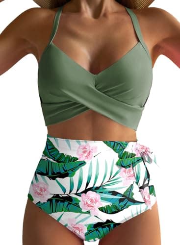 Dokotoo High Waisted Swimsuits for Women Push Up Bikinis Adjustable Straps 2025 Cross Front Two Piece Bathing Suit Sexy Summer Tummy Control Beach Wear,Green X-Large - Image 1
