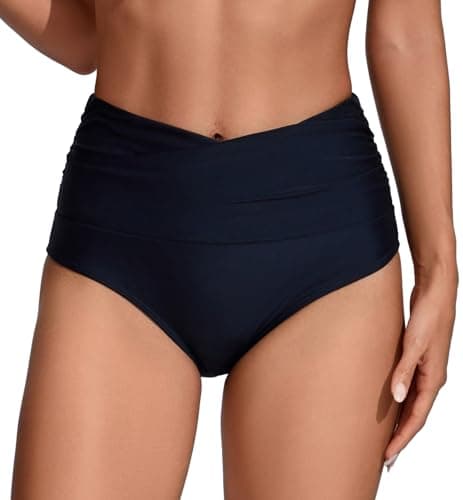COCOPEAR V-Cross High Waisted Bikini Bottoms Tummy Control Full Coverage Bikini Bottoms for Women Black S - Thumbnail 2
