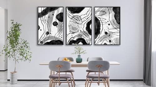Large Framed Abstract Wall Art - Black and White Wall Decor 24"x36" Set of 3 Modern Geometric Wall Art Prints Minimalist Dots Lines Painting Canvas Pictures for Living Room Bedroom Bathroom - Thumbnail 4