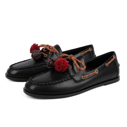QIY Black Womens Loafers Flat Loafer Pumps for Women Lace Up Detachable Decorative Fringe Ball Loafers Business Formal Work Shoes Size 7.5 - Thumbnail 6