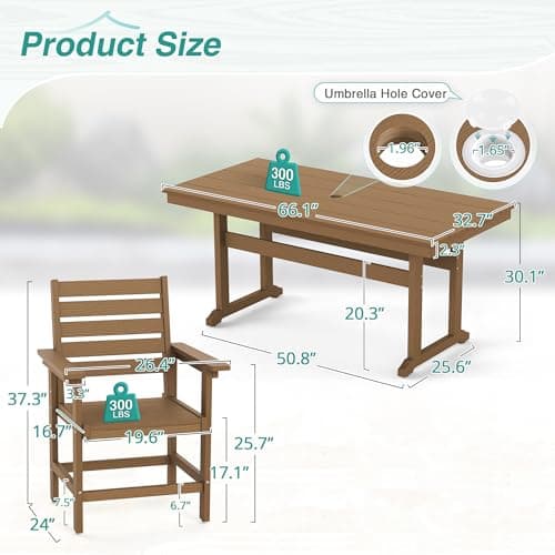 Homenjoy 7 Piece Patio Dining Set, 66" Rectangle HDPS Weather Resistant Outdoor Table & 6 Patio Chairs Set with 1.96" Umbrella Hole, Heavy Duty Chairs for Backyard Balcony Deck, Brown - Thumbnail 2