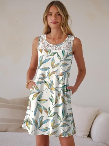 ANRABESS Womens Summer Floral Dresses Lace Crew Neck Sleeveless Sundress 2026 Mini Tank Dress Beach Cover Ups with Pockets Floral Colorful Medium - Thumbnail 6