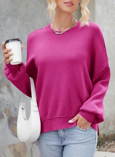 Dokotoo Oversized Sweaters for Women Crewneck Crop Ribbed Knit Tops Solid Color Patchwork Fall Winter Business Casual Pullover Sweater Trendy Rose Red Large - Thumbnail 4