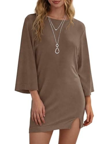 Wenrine Womens Summer T Shirt Dress Casual 3/4 Sleeve Crewneck Slit Loose Shift Mini Dresses Brown - Image 1