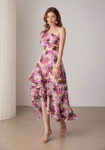 GRACE KARIN Women Summer One Shoulder Sleeveless Dresses Floral Ruffle High Low Wedding Guest Sundresses Apricot Pink 12 - Thumbnail 6