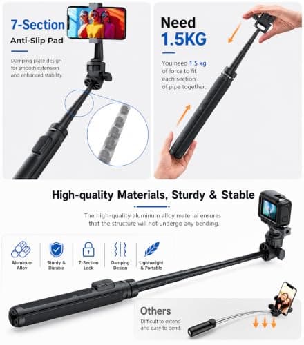 Jishane 70" Action Camera Tripod for DJI, Extendable Selfie Stick Tripod with Action Camera Adapter, Phone Holder, Compatible with DJI Action 6/5 pro/5, Insta360 X5/X4, Gopro Hero 13/12/11/10 - Thumbnail 2